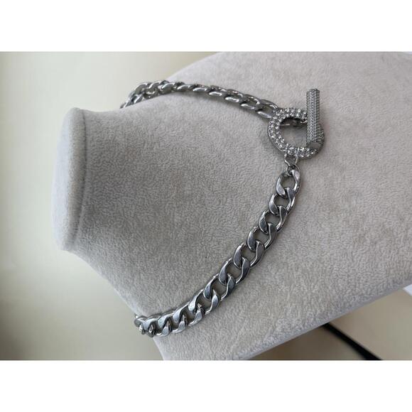 Silver Chain Necklace with Rhinestone Toggle Clasp - Picture 3 of 6